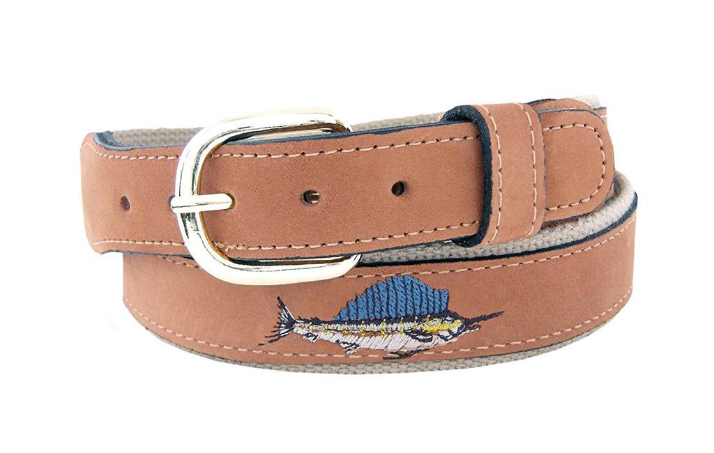 Zep-Pro Men's Embroidered Sailfish Leather Belt - Tan