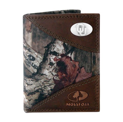 Oklahoma Sooners Mossy Oak Camo & Leather Trifold Wallet - NCAA