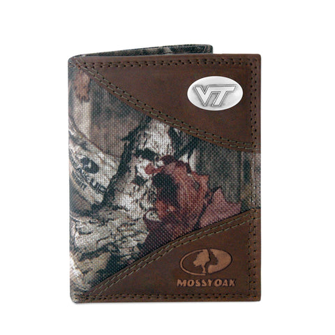 Virginia Tech Hokies Camo & Leather Wallet - Tri-fold, Realtree Max-5, NCAA Licensed