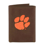 Clemson Tigers Crazy Horse Leather Embroidered Trifold Wallet - NCAA